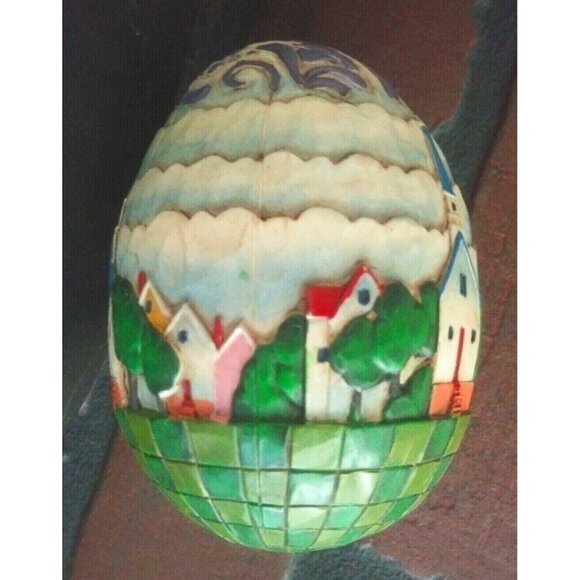 Jim Shore Easter Egg 4" Decorative Country scene Houses church Vintage embossed - Picture 2 of 6